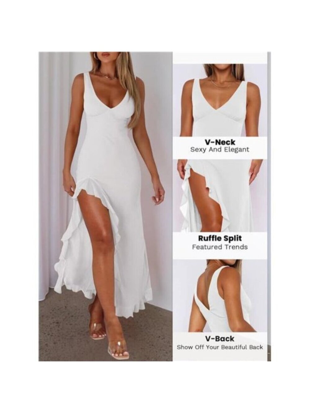 Women's Sexy VNeck Sleeveless Mesh Ruffle Hem Bodycon Maxi Casual Backless Dress - Picture 3 of 4
